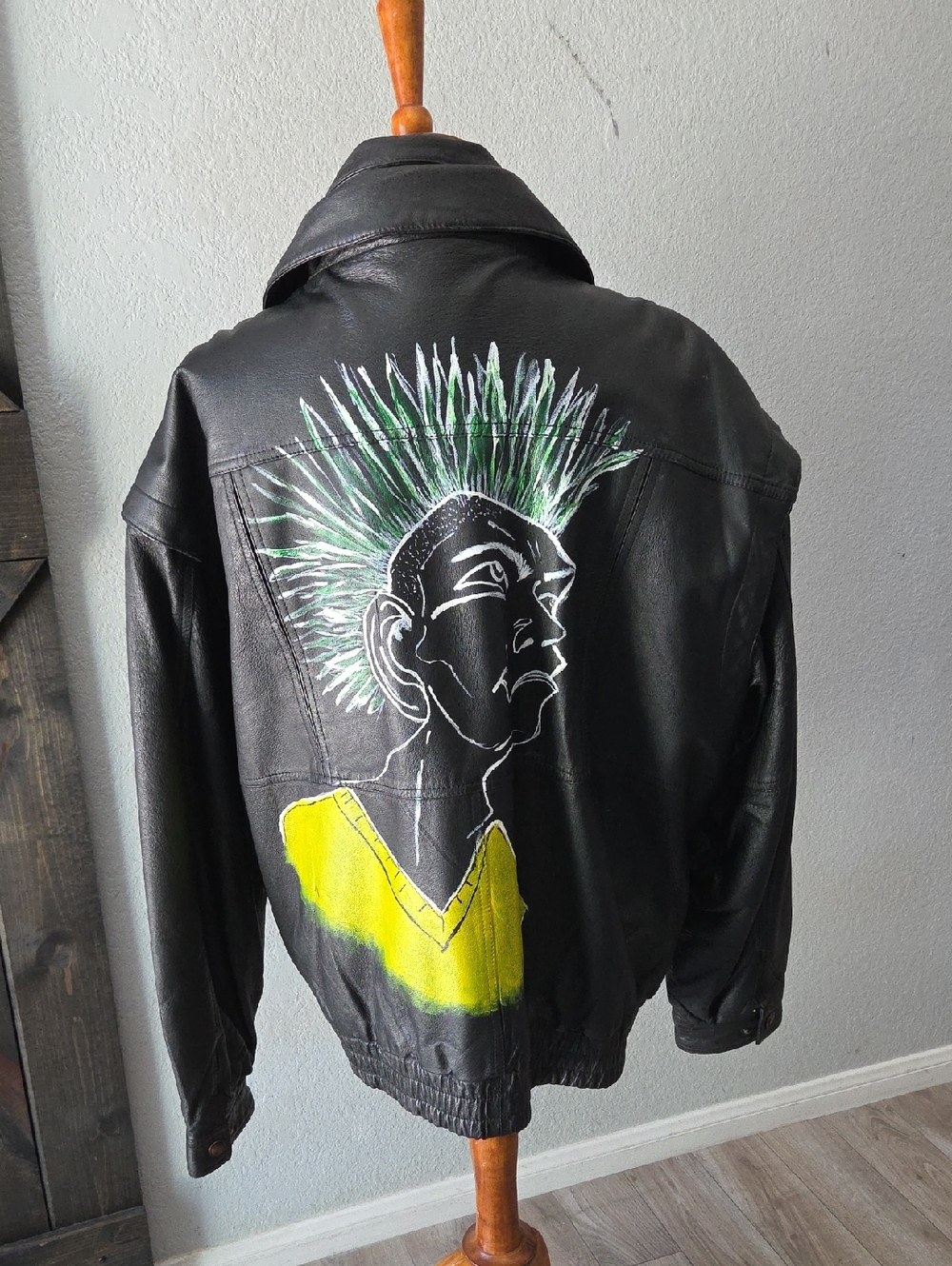 Black Hand-Painted Leather Jacket with Green Mohawk Punk Artwork XL 46